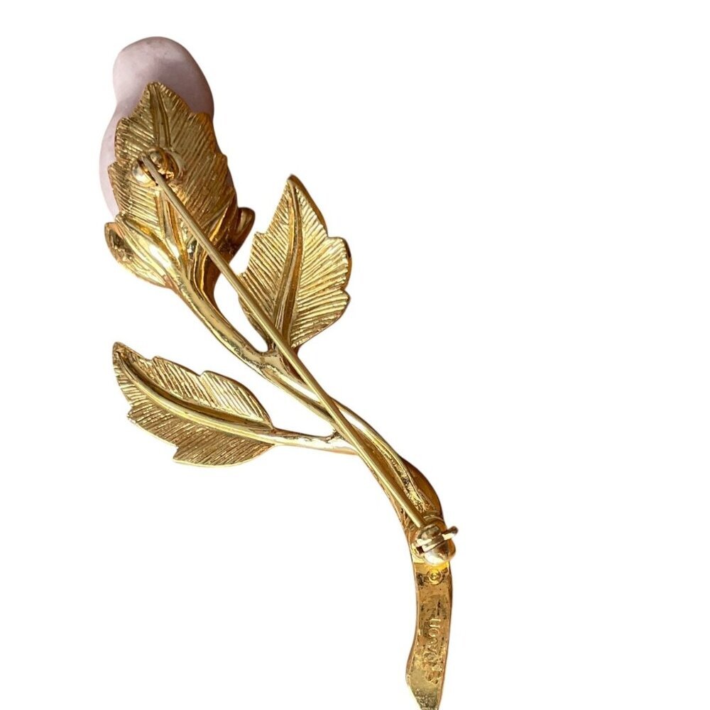 Vintage Avon Gold Tone Pink Porcelain Rose Bud on Stem Signed Pin Brooch - Picture 4 of 6